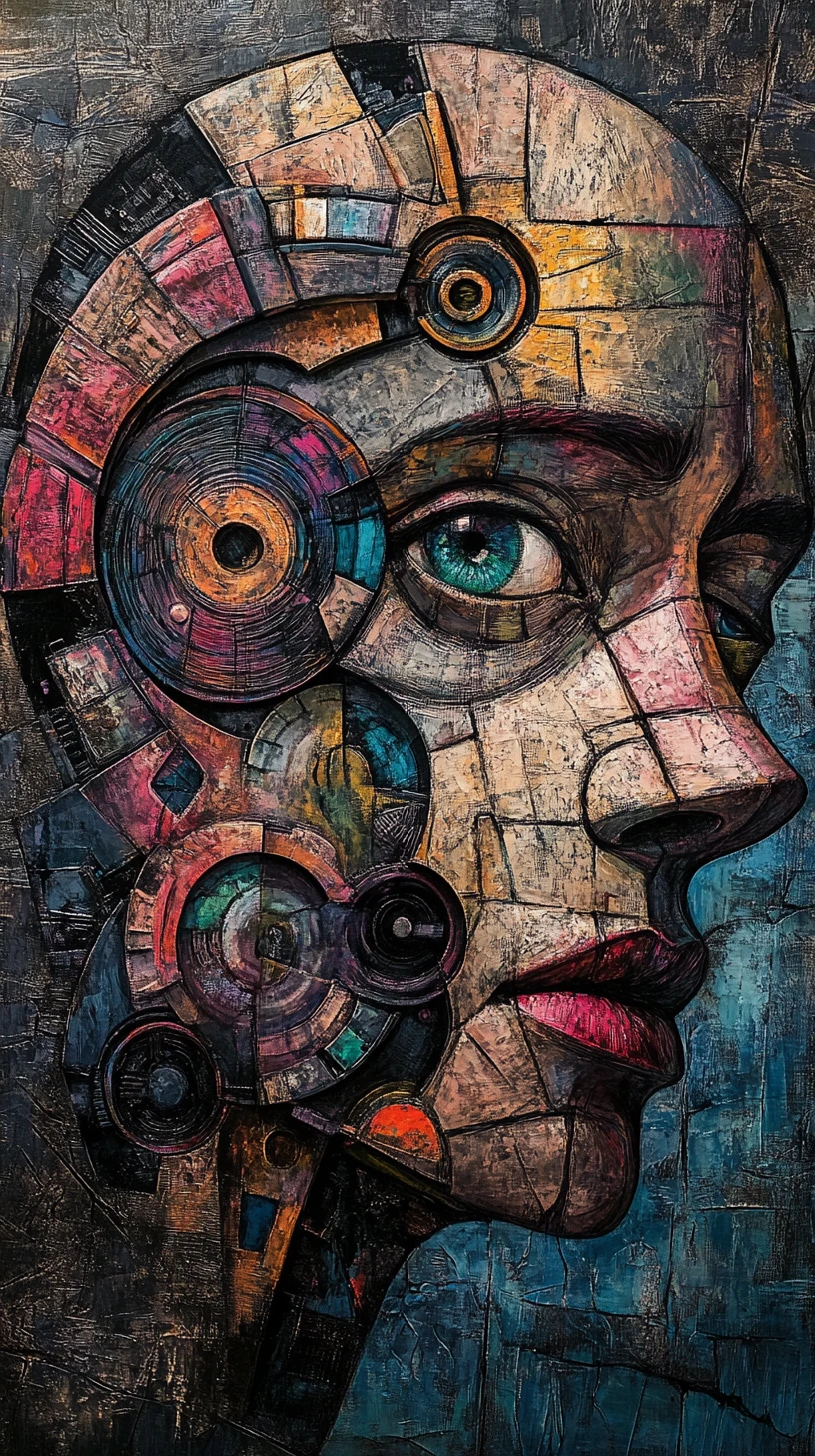 Surreal cubist portrait of fragmented mechanical human faces