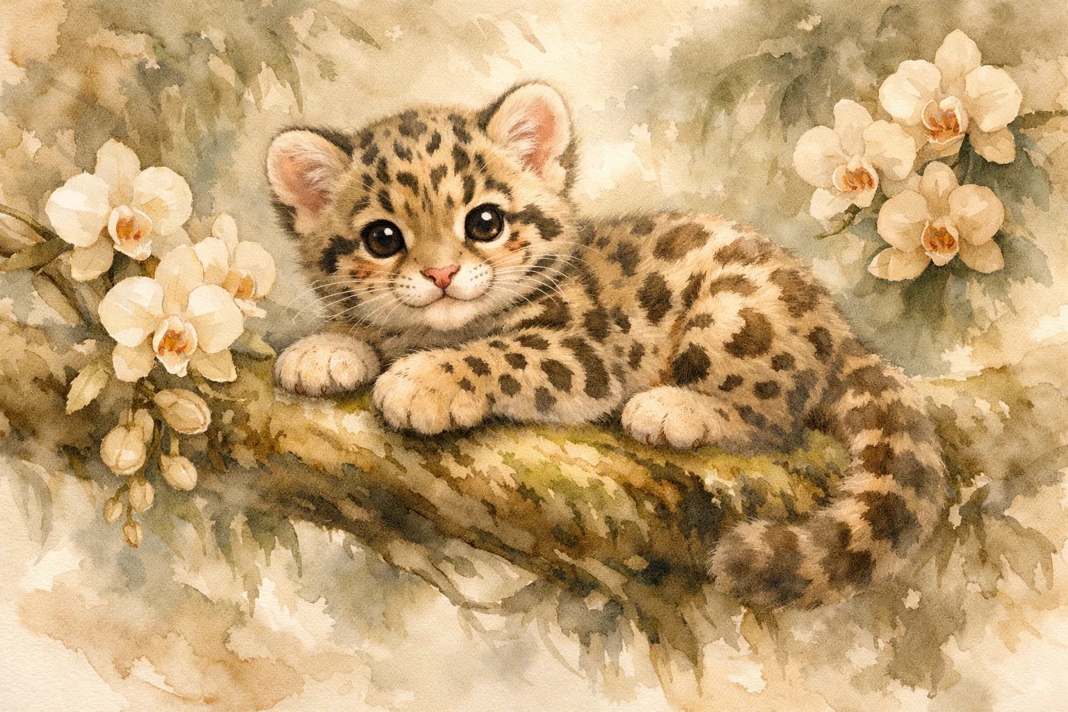Cucciolo di leopardo nebuloso che riposa su un ramo della giungla in acquerello