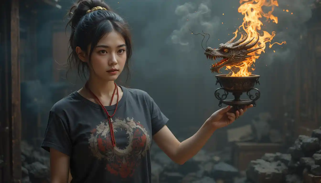 Asiatische Frau an einen Pfahl gefesselt vor einem feuerspeienden Drachen