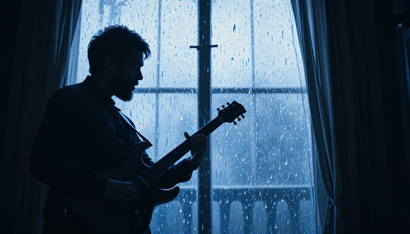 Silhouette guitarist playing by a rainy window in deep blue tones