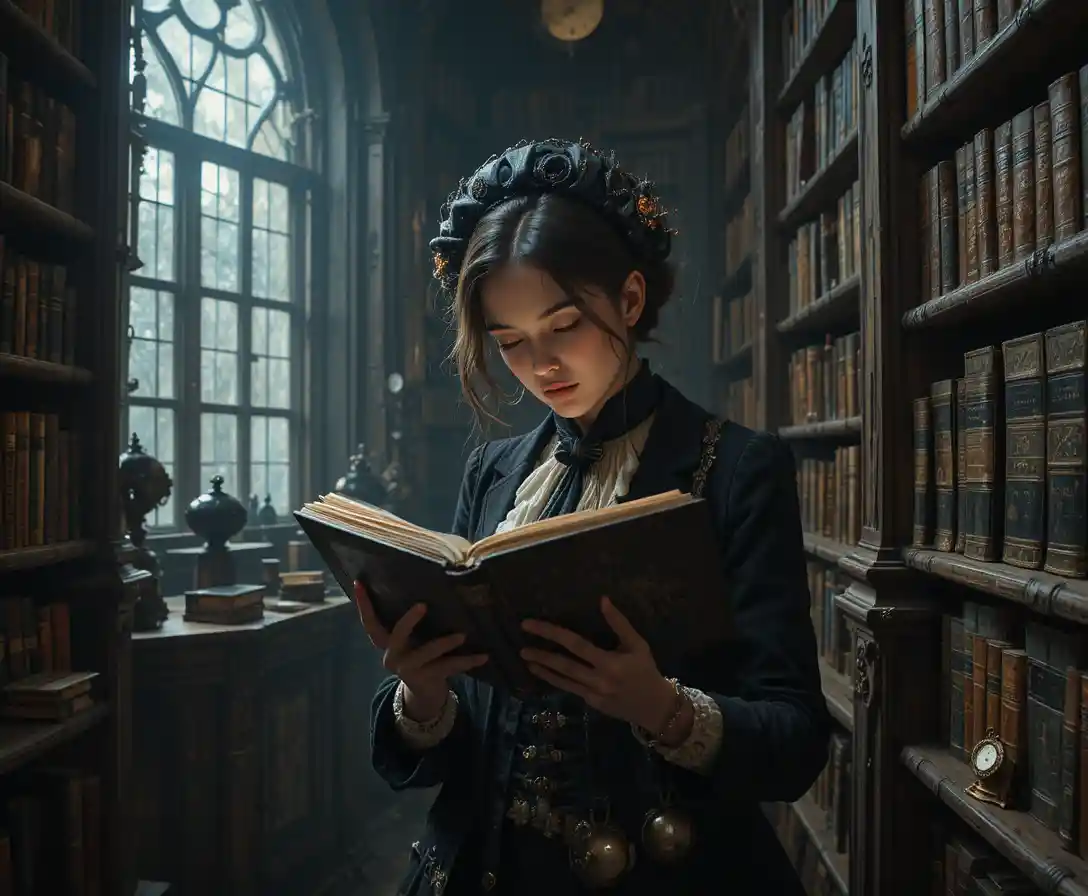 Solitary Victorian woman reading in a dim steampunk library