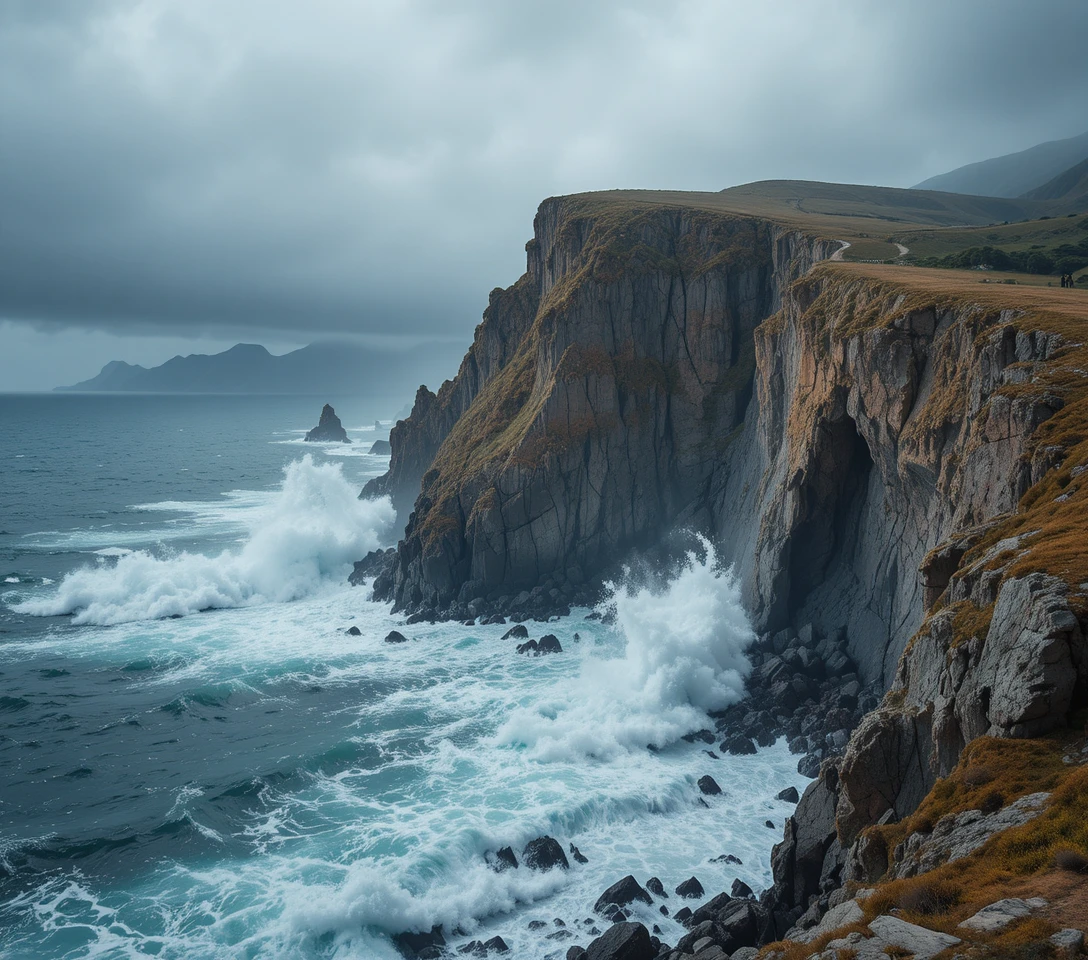 Dramatic sea cliff towering above a wild rocky coast