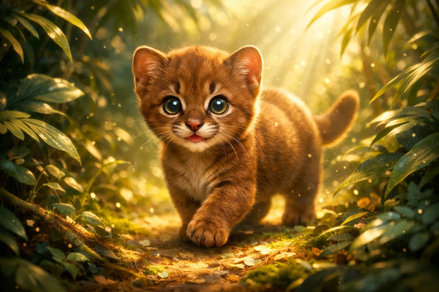 Cute baby wild cat walking through glowing jungle foliage