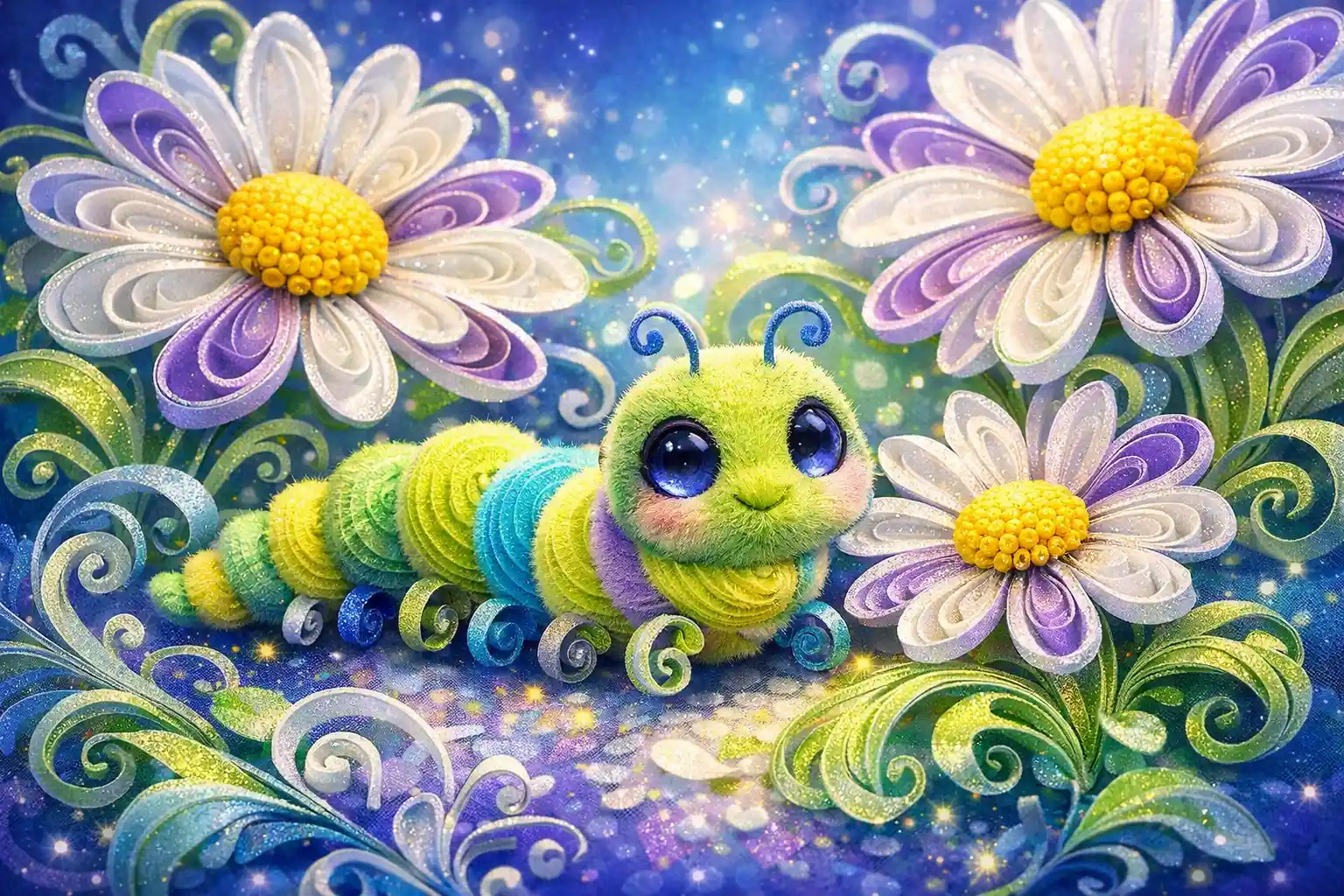 Bruco giocoso in quilling di carta accanto a margherite in fiore