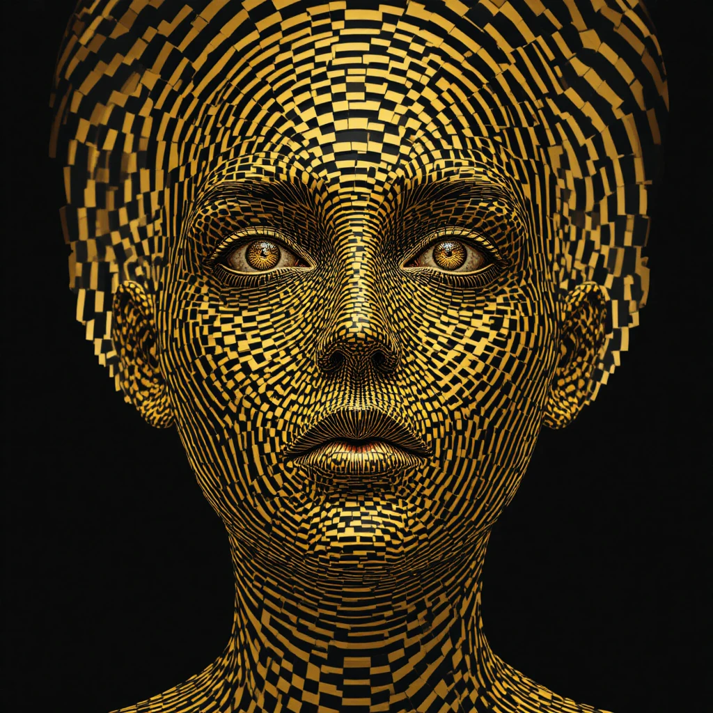 Human face dissolving into abstract hexagonal op art grid