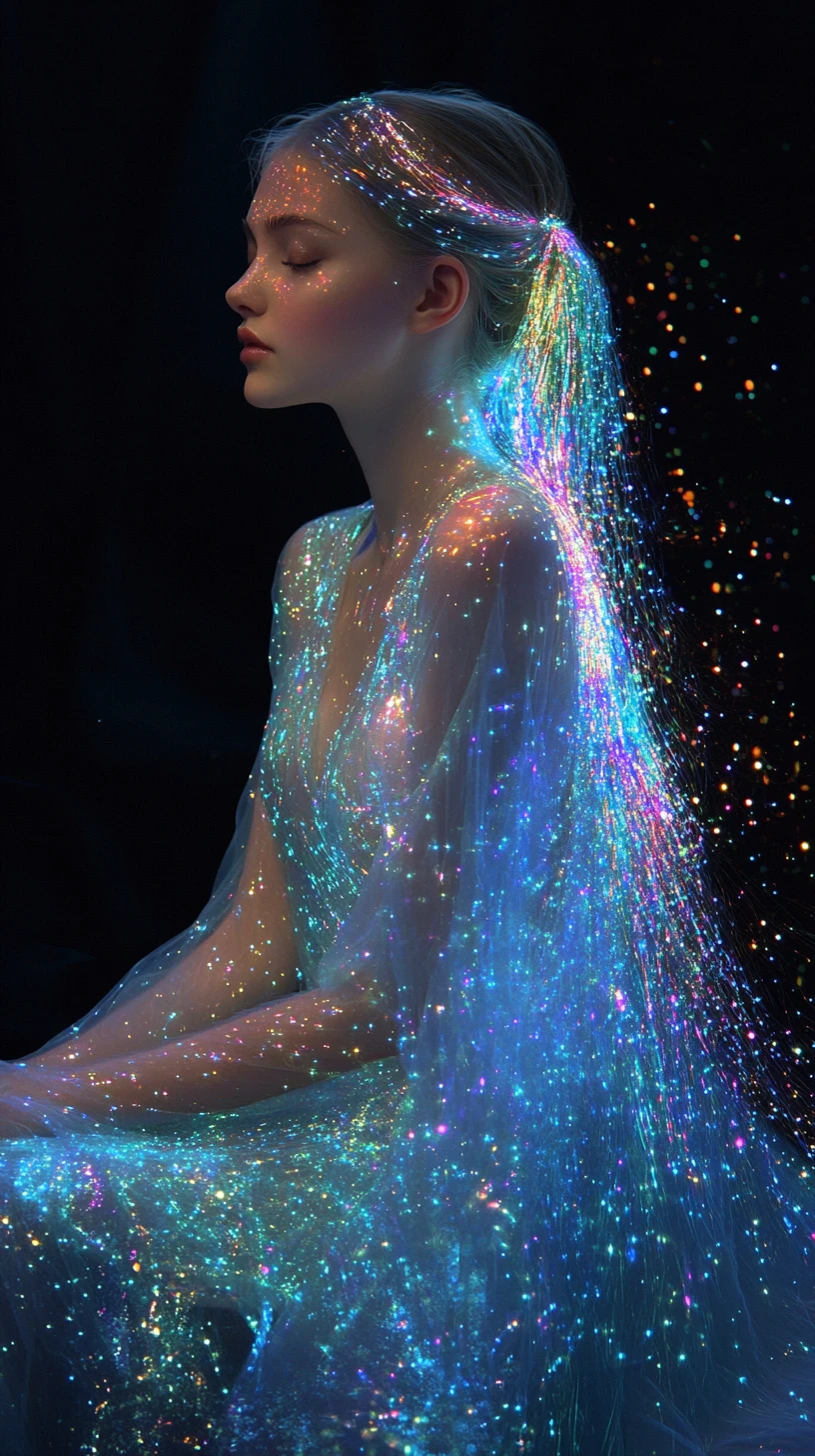Ethereal anime woman in starlit translucent gown in profile
