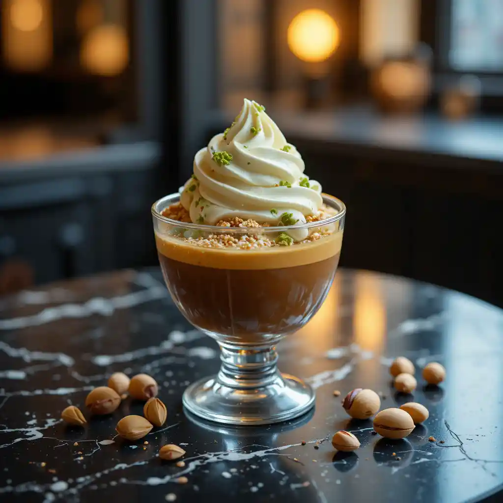Elegant espresso dessert with pistachio gelato in glass cup