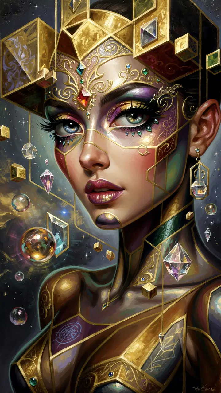 Cubist portrait of a woman with fragmented geometric planes