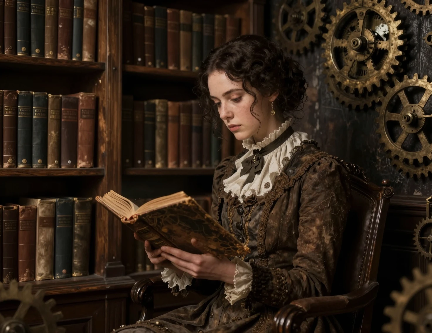 Lonely Victorian woman reading in a dim steampunk library