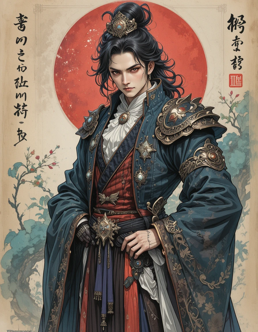 Senhor vampiro elegante em traje antigo de inspiração japonesa