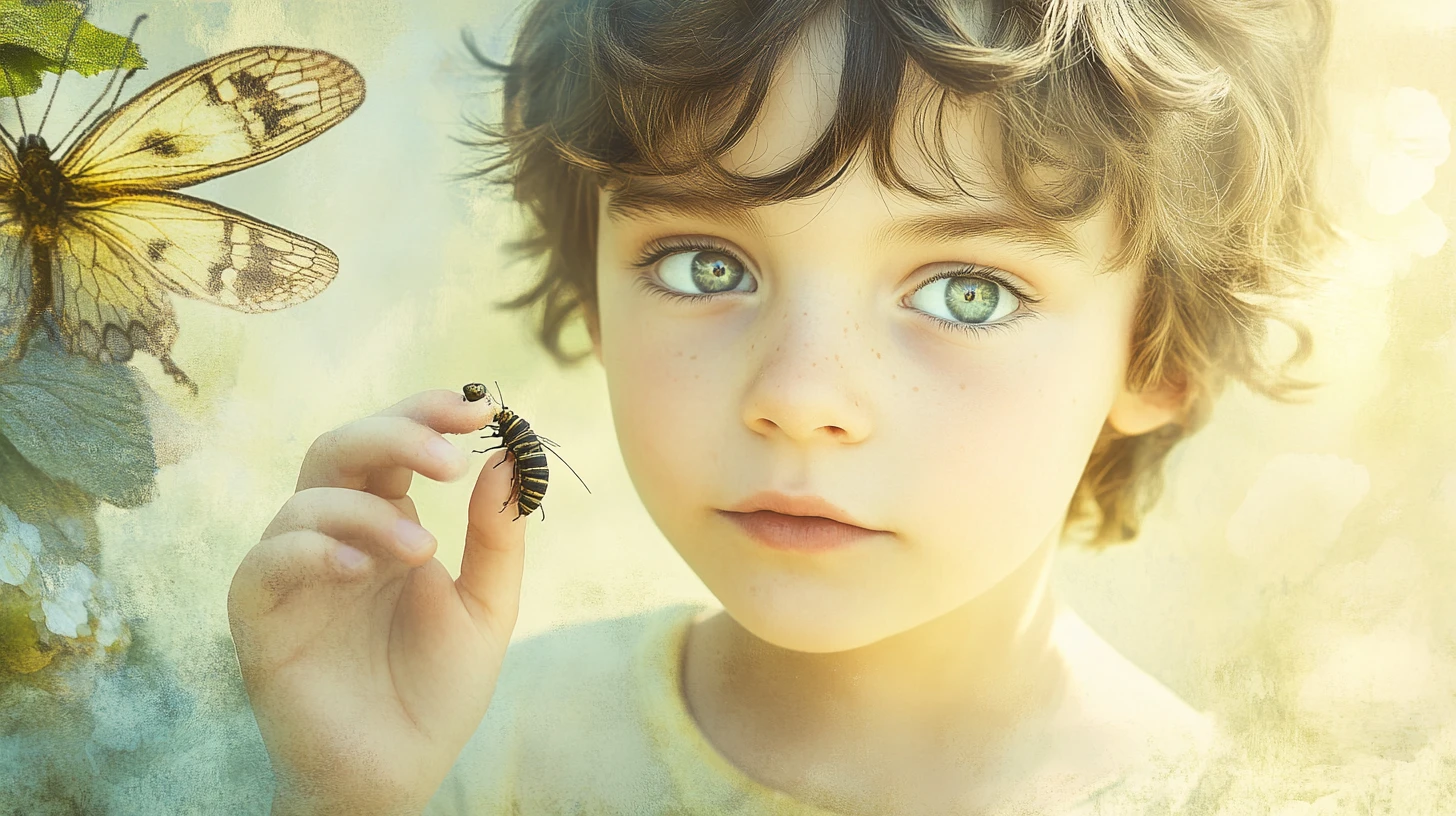 Young boy holding a fuzzy caterpillar in a pastel garden