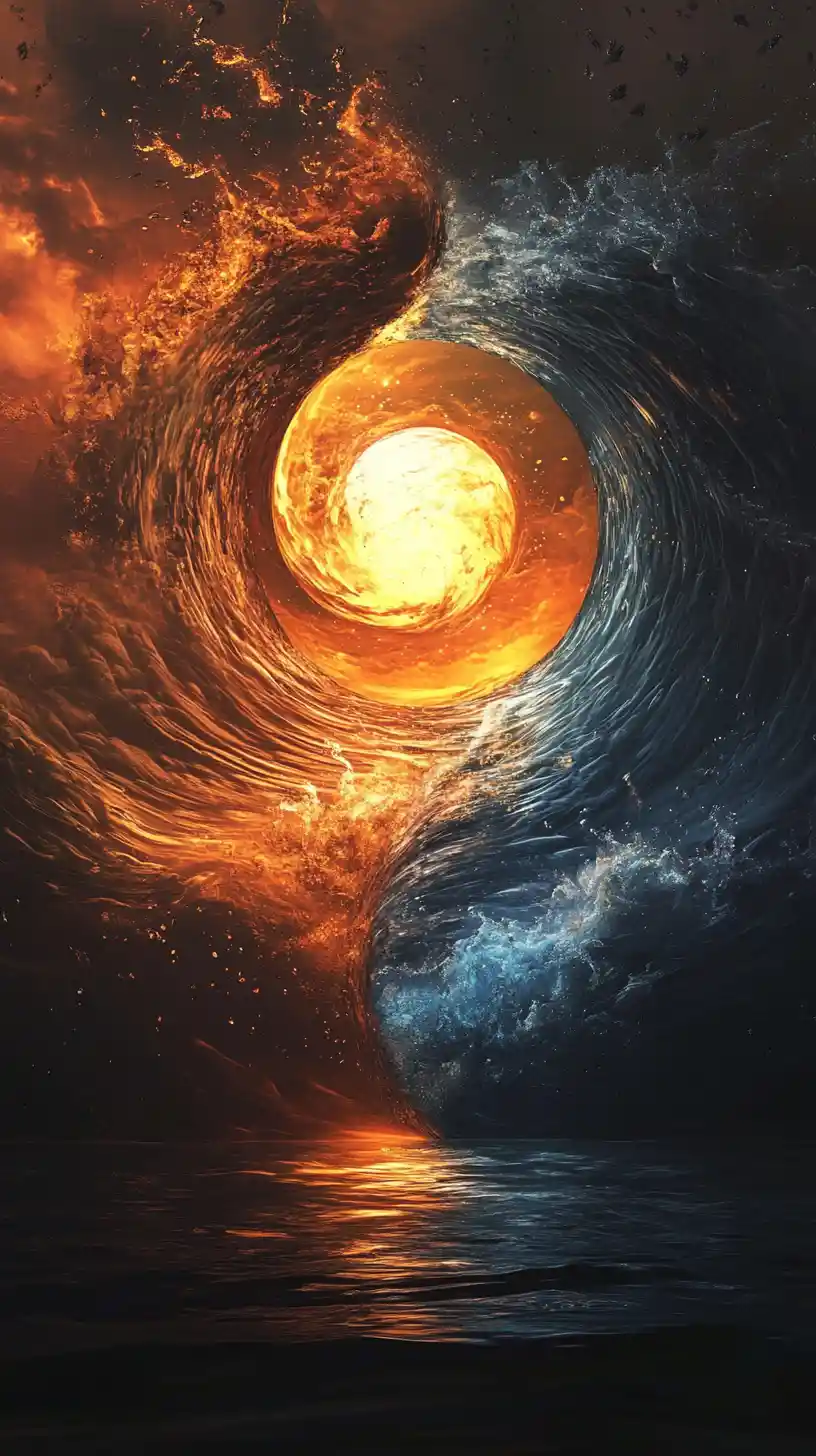 Simbolo yin e yang di energia vorticosa e luce riflessa serena