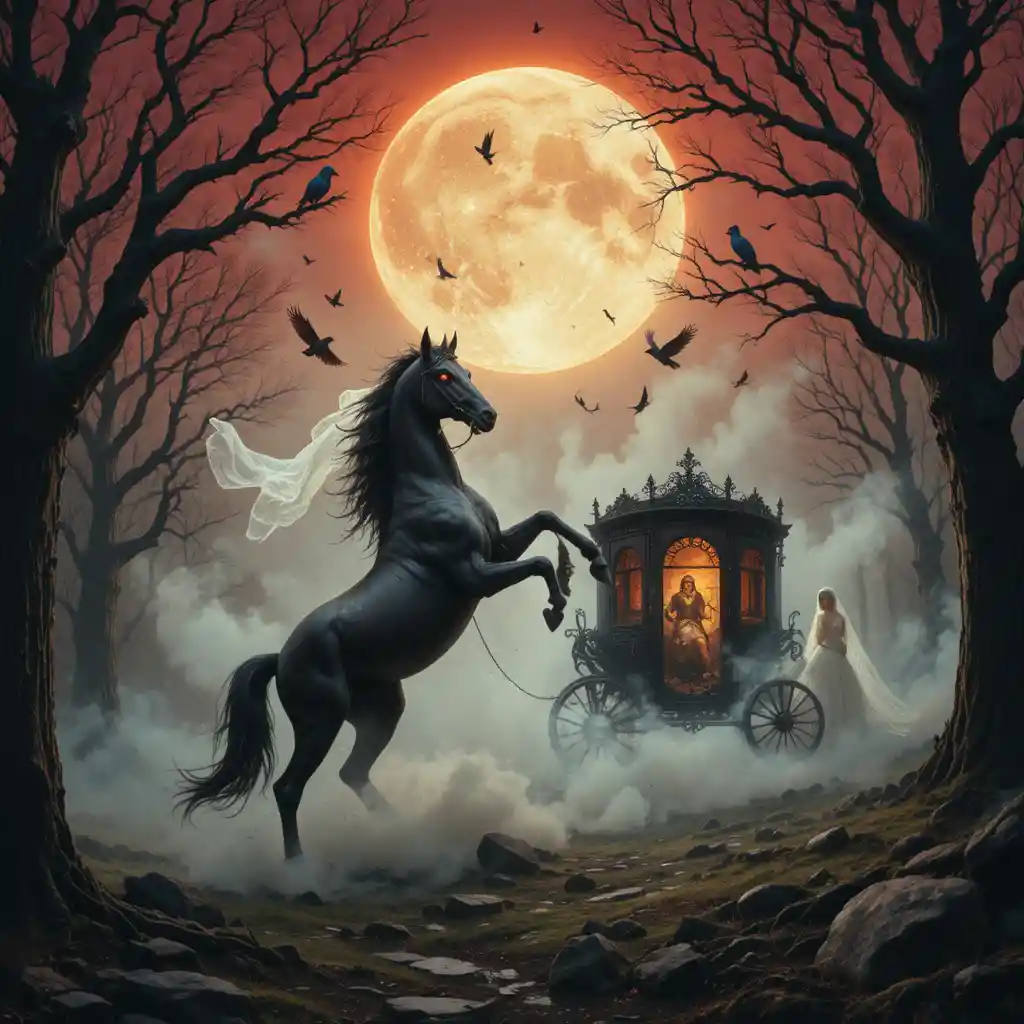 Cursed horse pulling ruined wedding carriage at dawn
