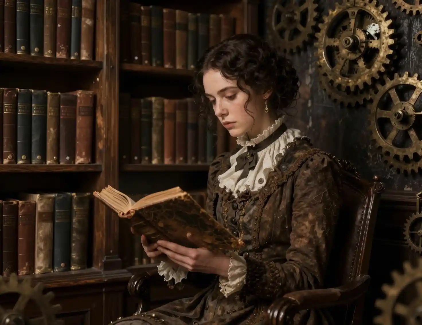 Lonely Victorian woman reading in a dim steampunk library