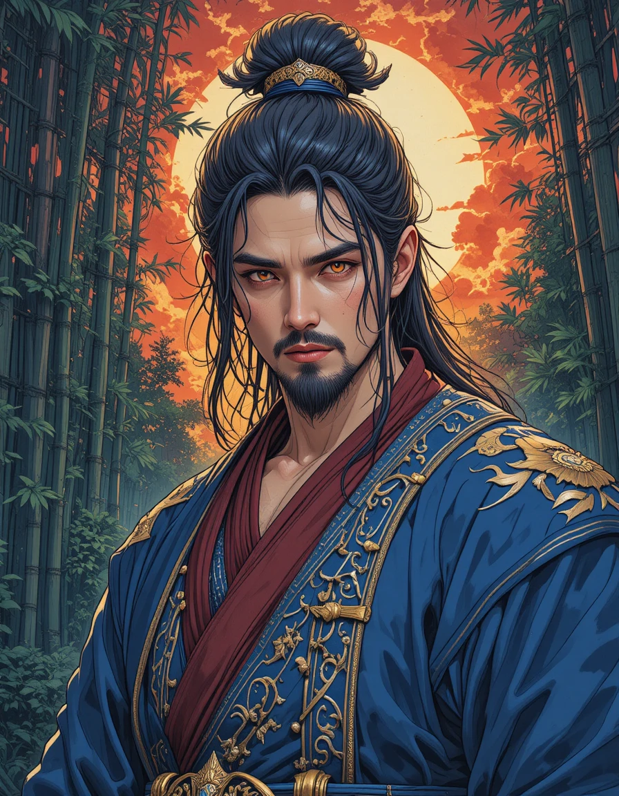 Noble Japanese warrior in blue robes at red sunset