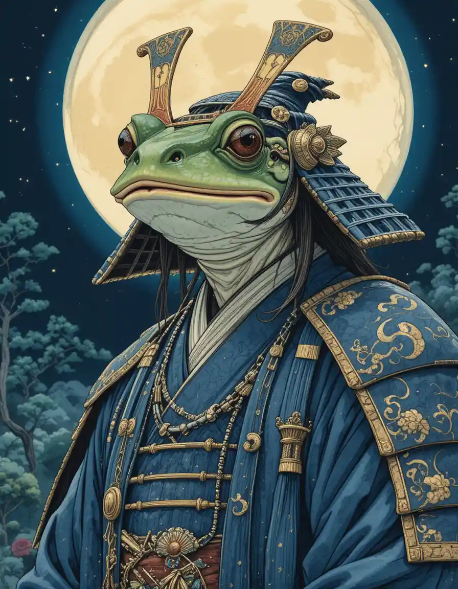 Moonlit frog samurai lord in traditional blue armor