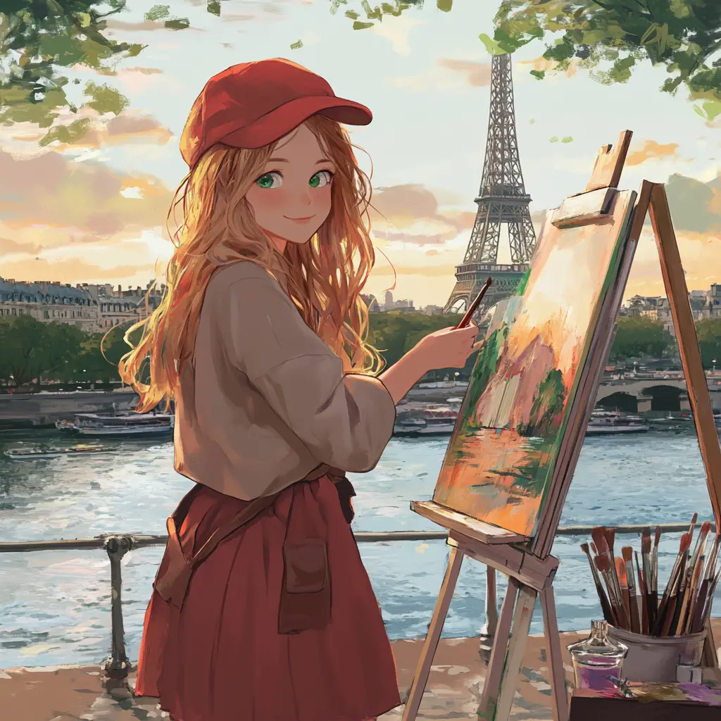 Anime bohemian artist painting by the Seine at sunset