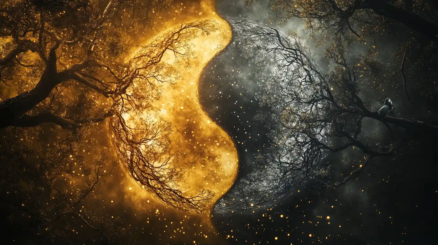 Yin yang sun and moon forests in glowing circular balance