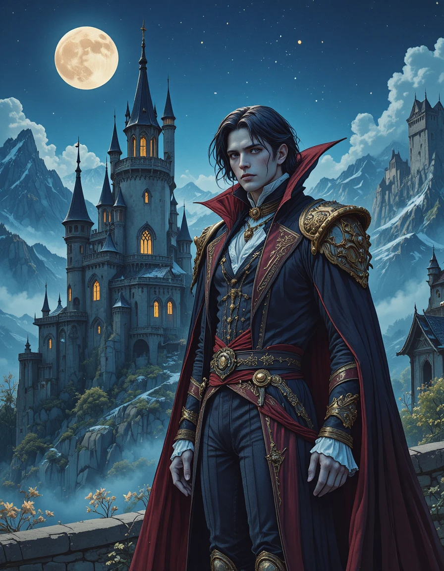 Vampire highlord before a moonlit gothic mountain castle