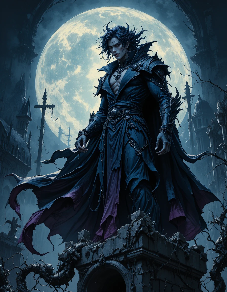 Vampire lord on a crumbling mausoleum under moonlight