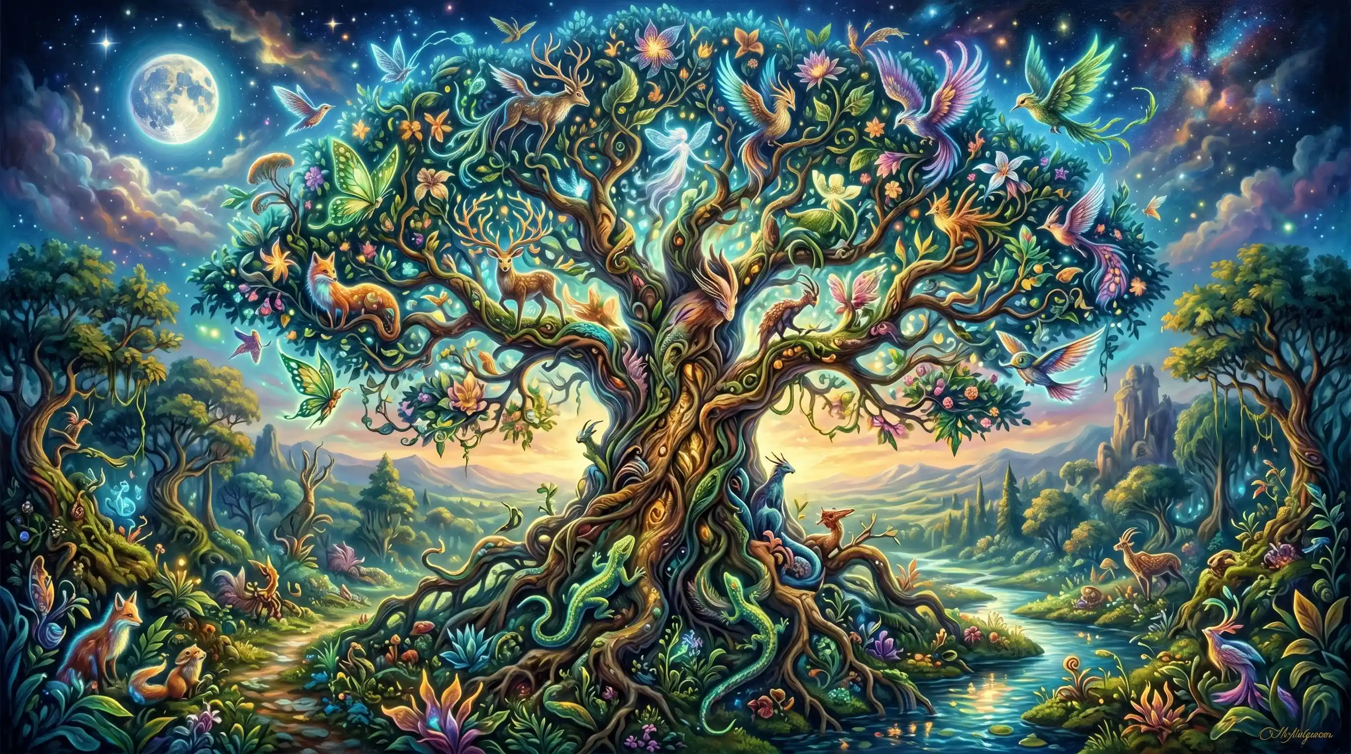 Surreal Oil Painting Of A Majestic Otherworldly Tree