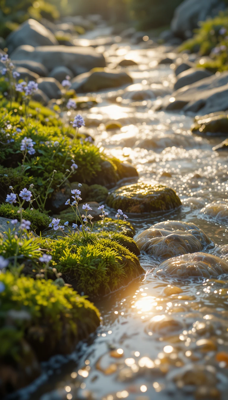 Golden reflections on a clear stream with moss and herbs