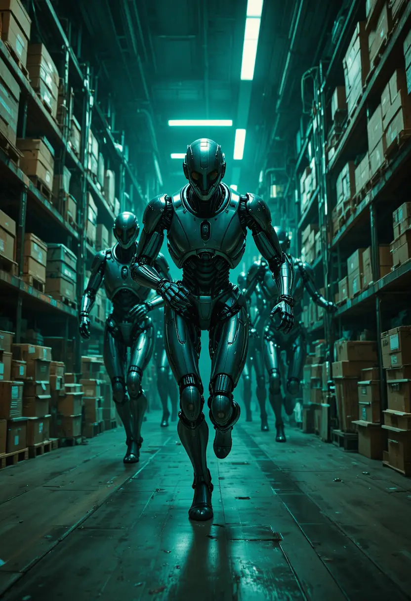 Humanoid robots running through a dark futuristic warehouse