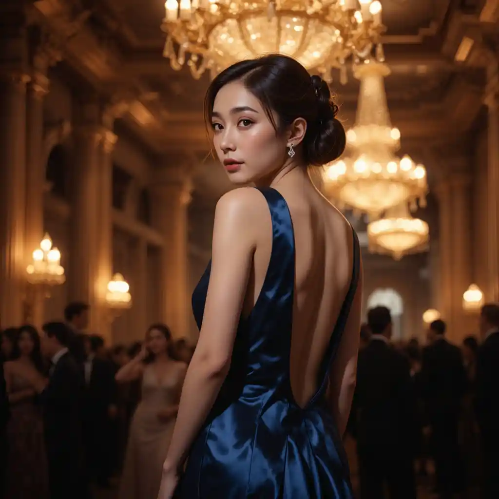 Elegant woman in midnight blue gown at a golden ballroom