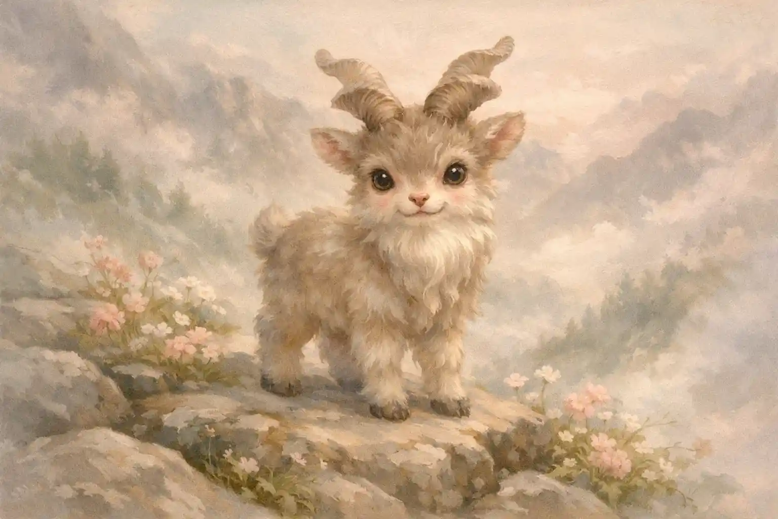 Baby mountain goat on rocky ledge in dreamy misty scene