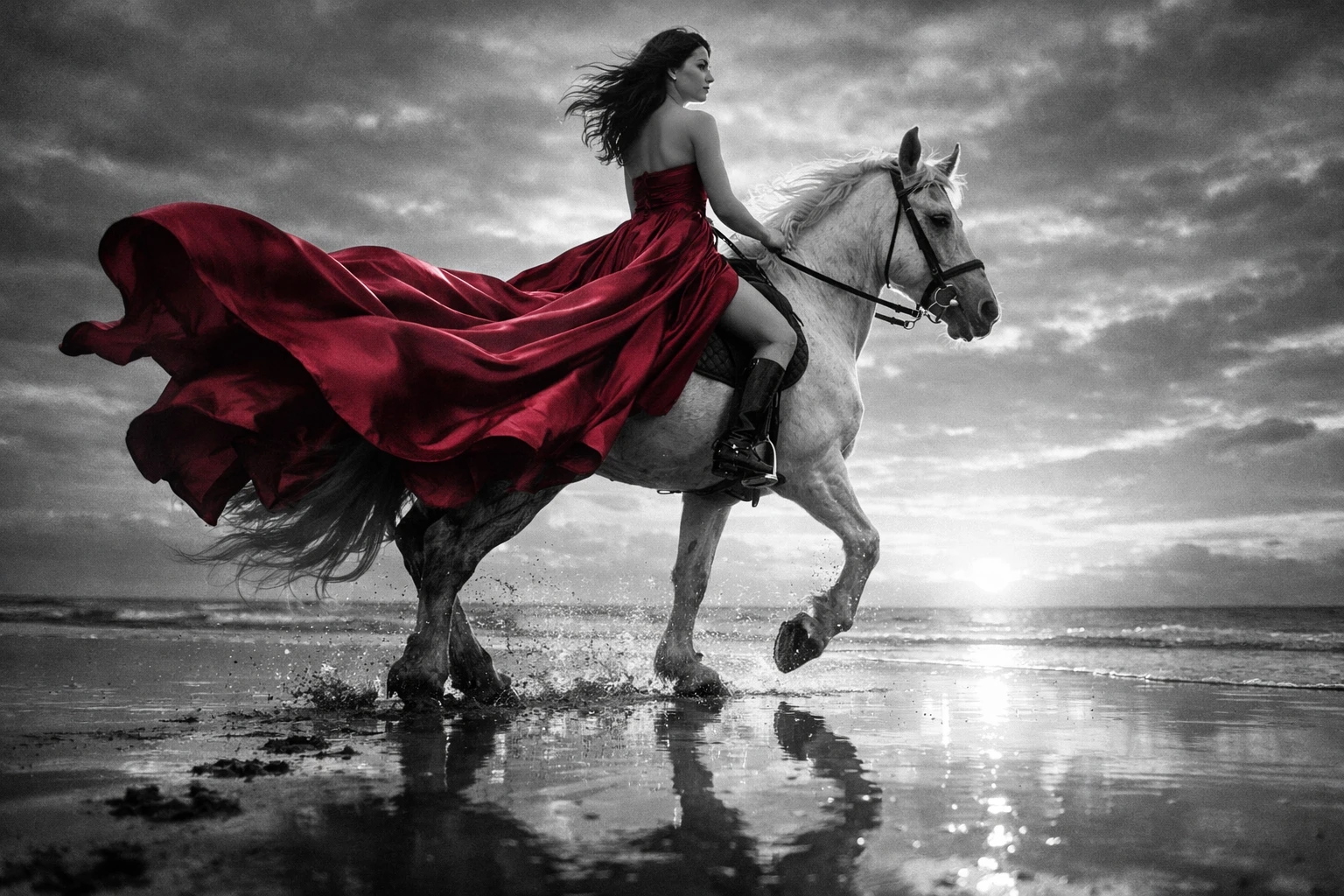 Mujer en caballo blanco cabalgando por la playa al atardecer