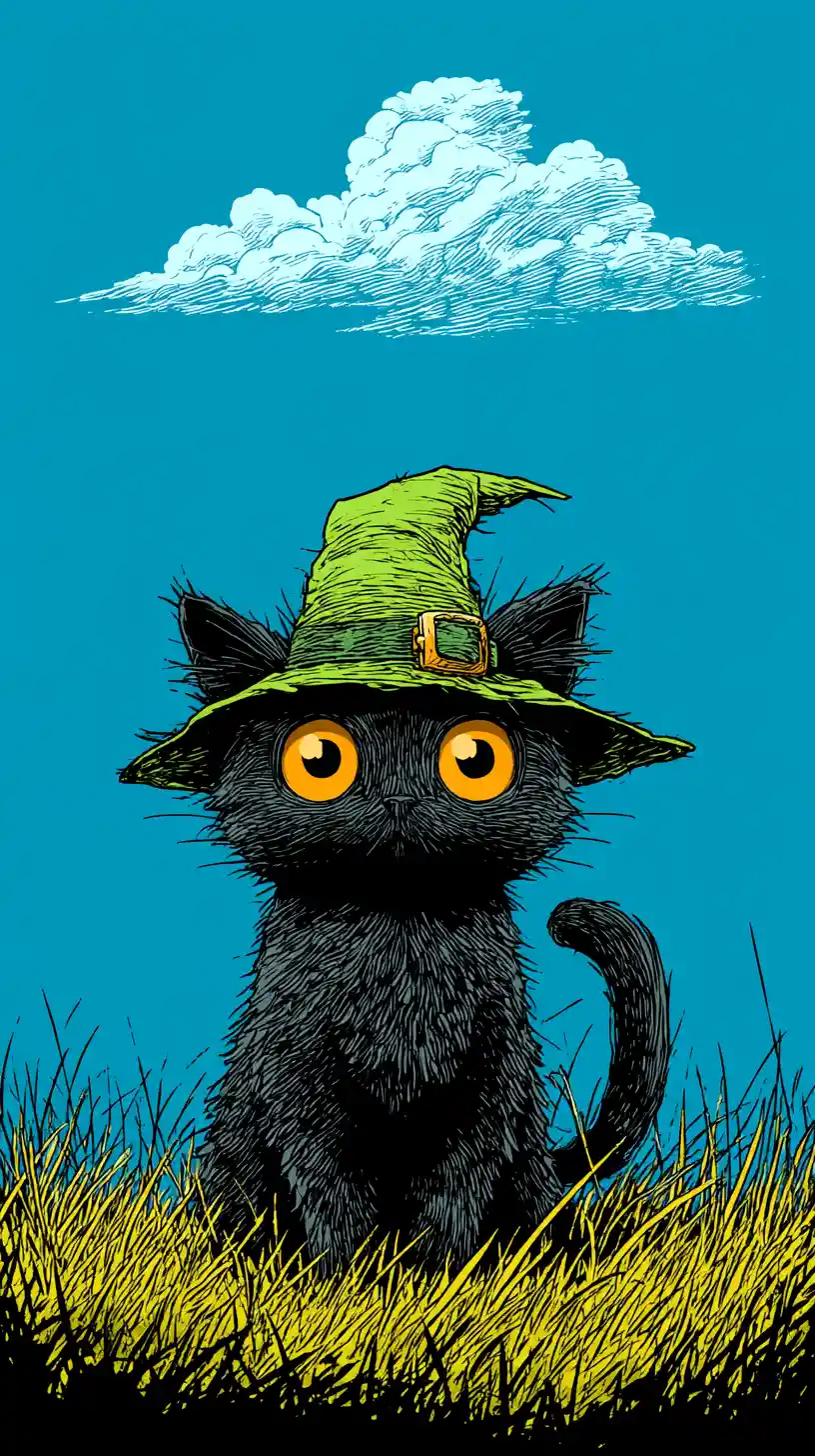 Cute black cat in witch hat in bright grassy field