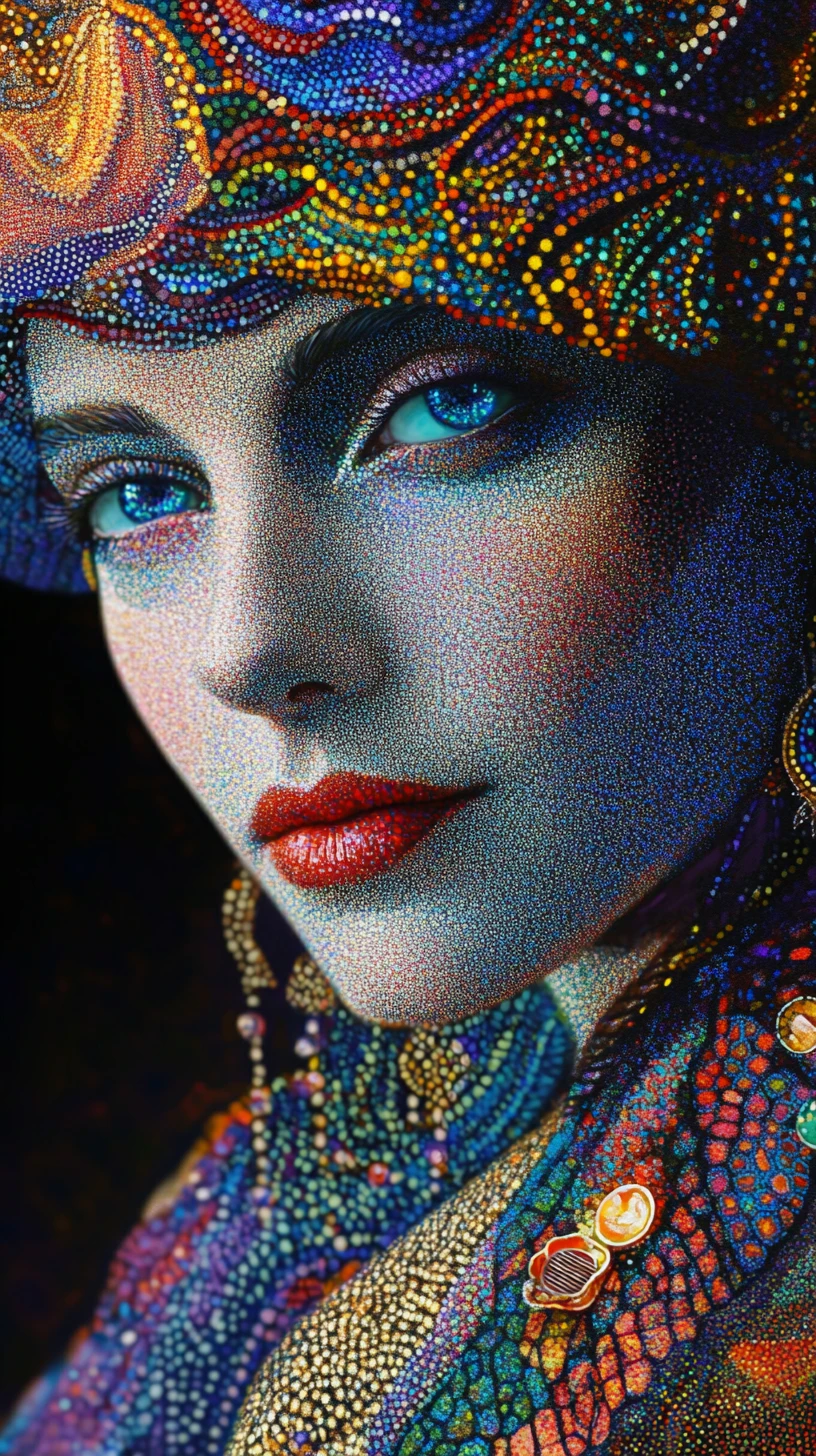 Surreal faceted woman rendered in abstract pointillist style