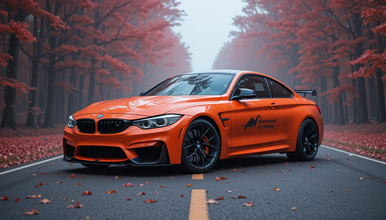 BMW M4 Naranja Neón en Carretera Boscosa con Suave Niebla
