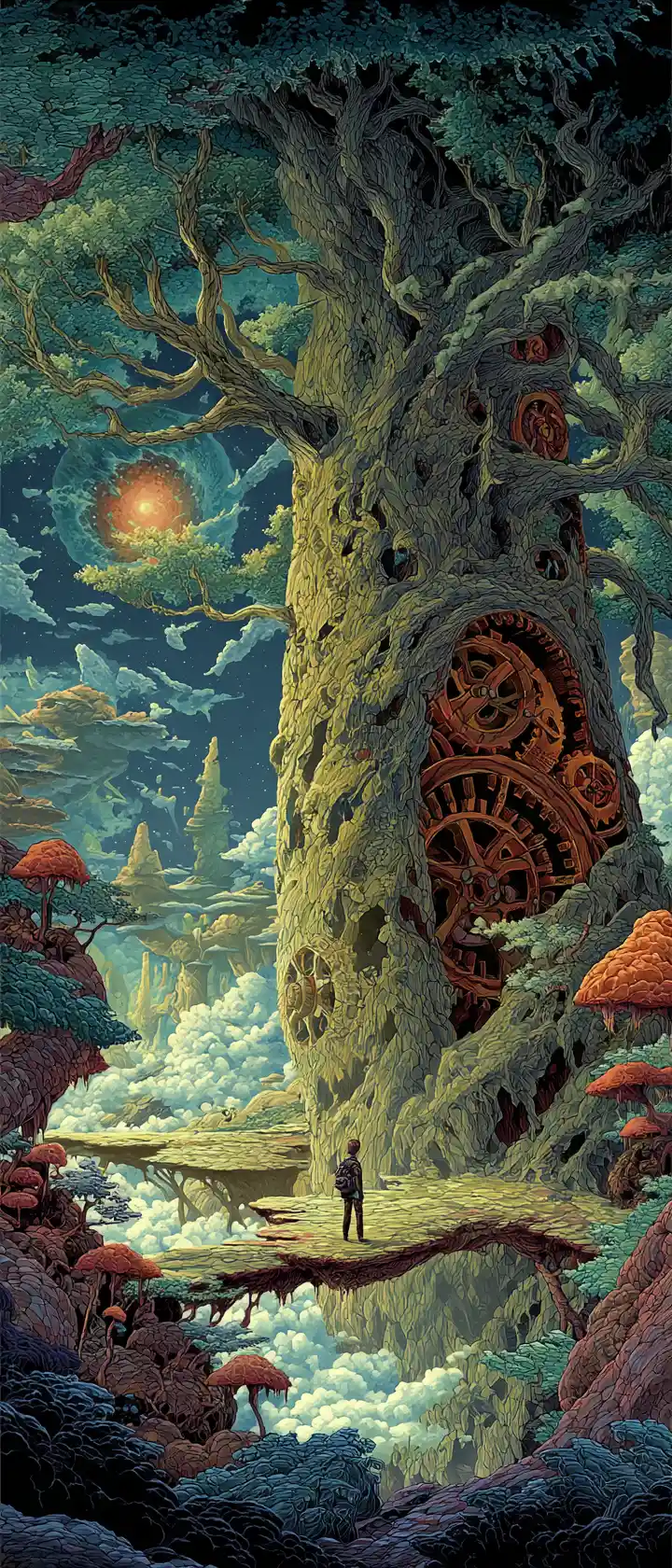 Anime explorer on glowing vine before colossal biomechanical tree