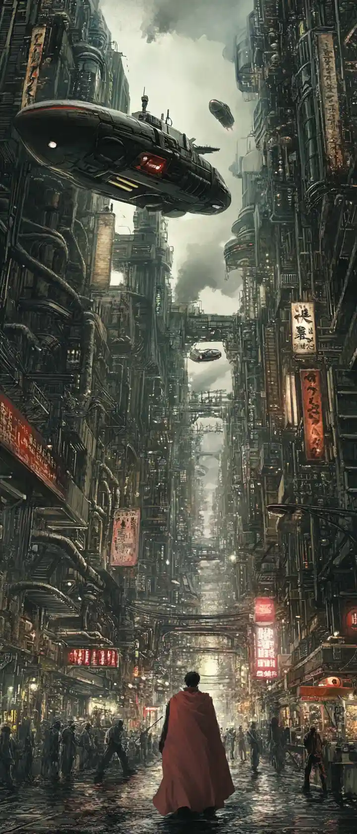 Scena steampunk distopica di Neo Tokyo ispirata ad Akira