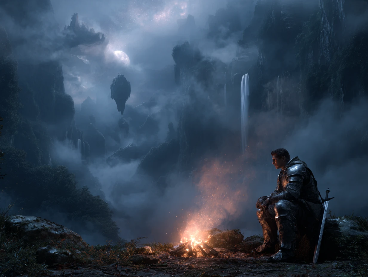 Weary black knight by campfire in a vast fantasy valley