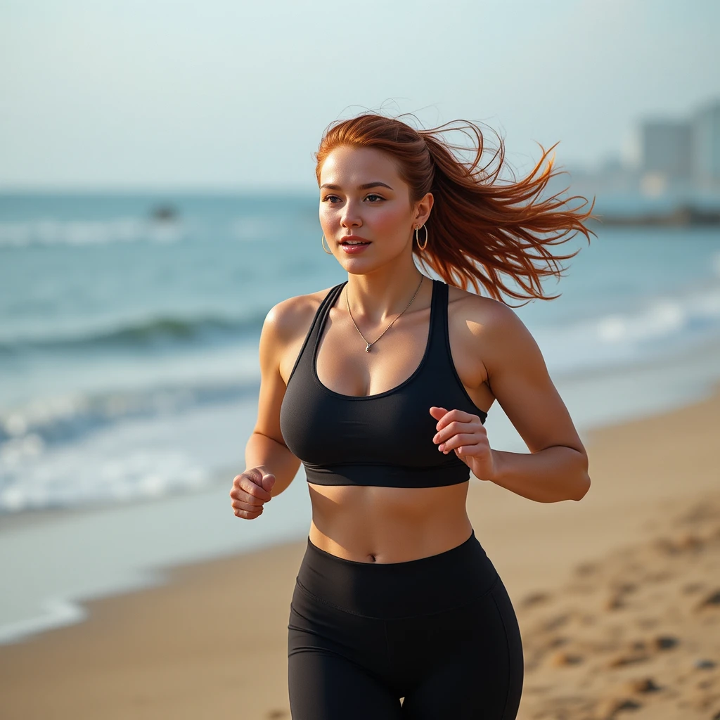 Donna dai capelli rossi che corre in spiaggia con abbigliamento sportivo nero