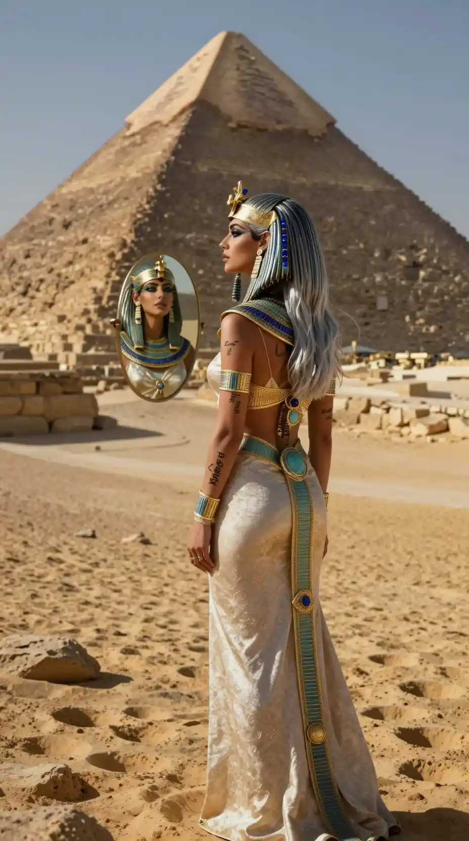 Ancient Egyptian queen before a towering desert pyramid