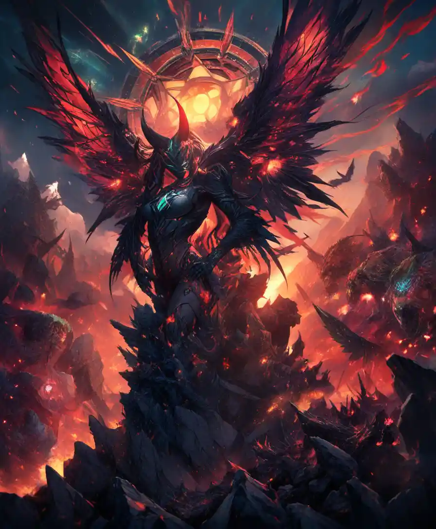 Winged demon goddess holding a severed divine head