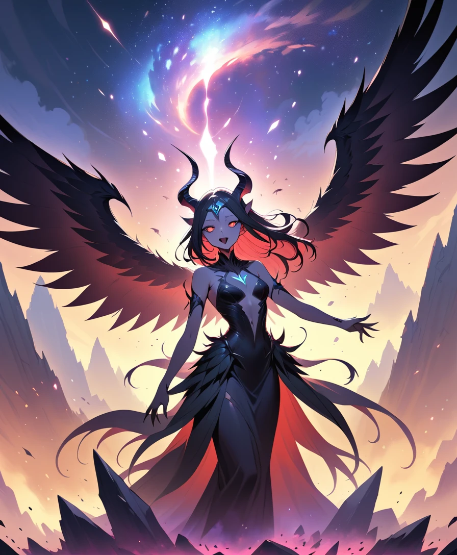 Winged dark goddess holding a severed divine head