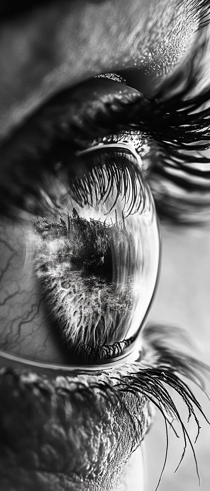 Extreme close up of a human eye in black and white