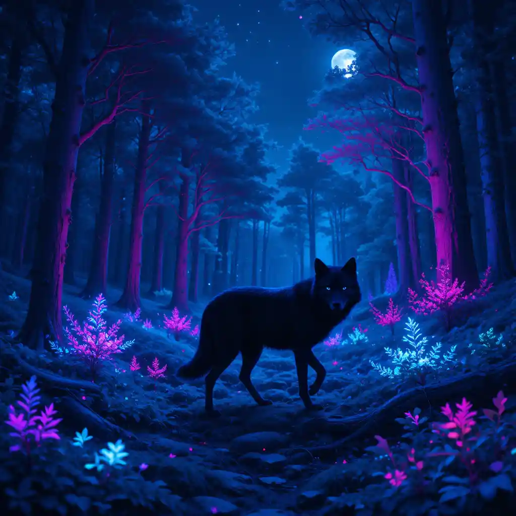Mystic black wolf in a glowing bioluminescent forest night