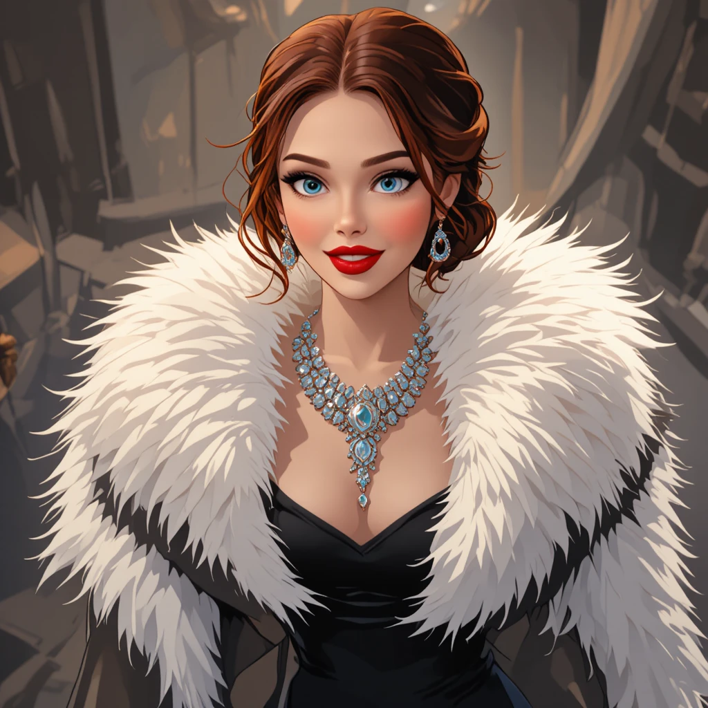 Affascinante donna dai capelli rossi con pelliccia vintage e diamanti