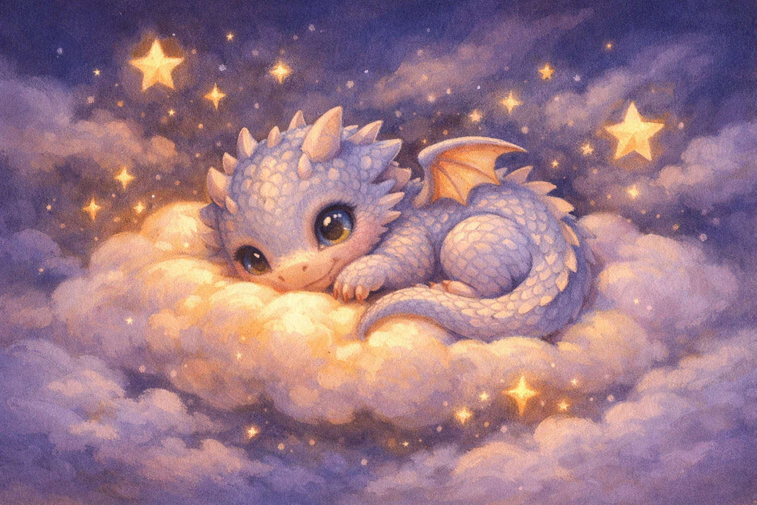 Winziger Babydrache, zusammengerollt auf einem leuchtenden Wolkenkissen