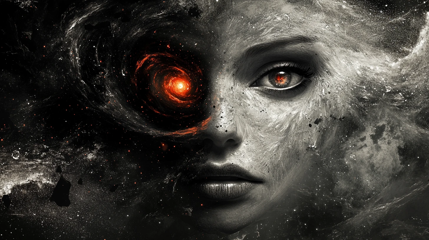 Surreal Female Face Dissolving Into Dust And Stars