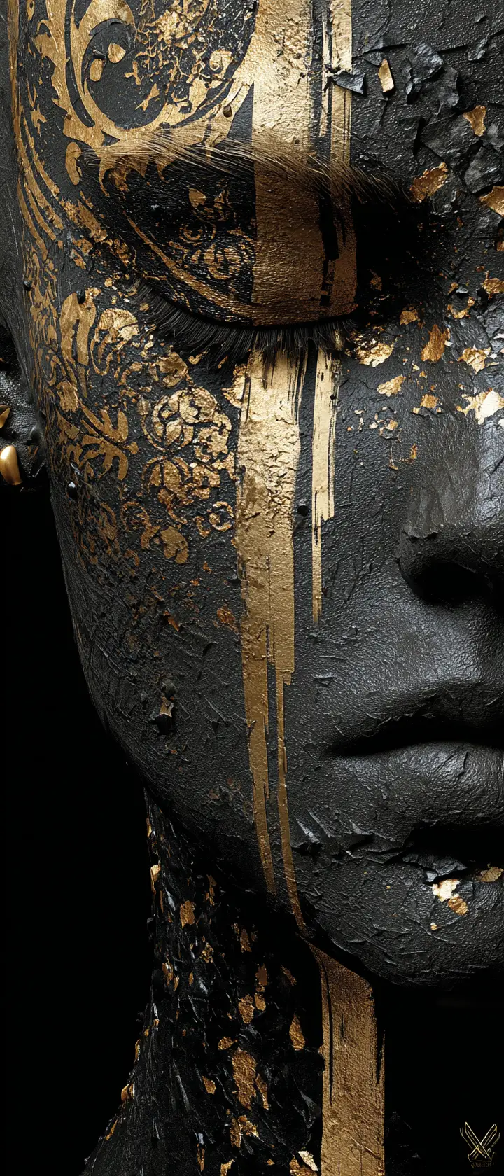 Tormented female face carved in dark adamantine relief