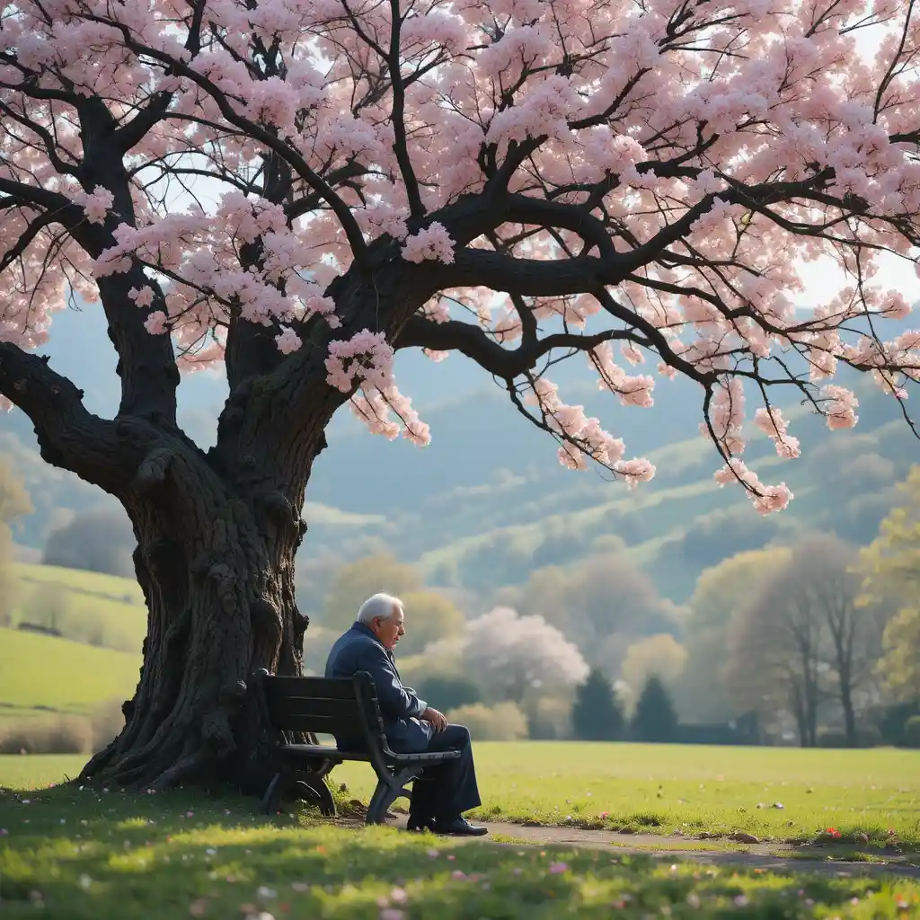 Elderly man on a bench beneath a flowering spring tree