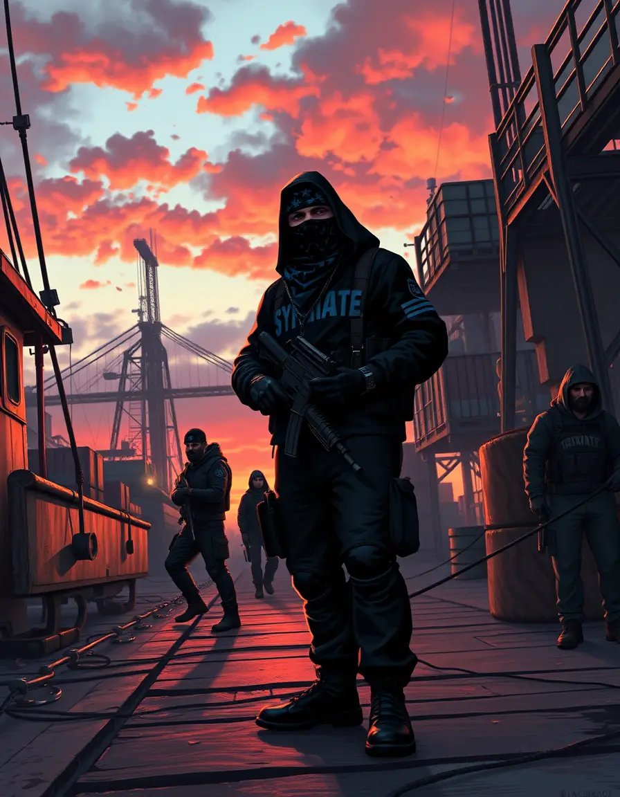 Armed syndicate gang controls the docks at sunset