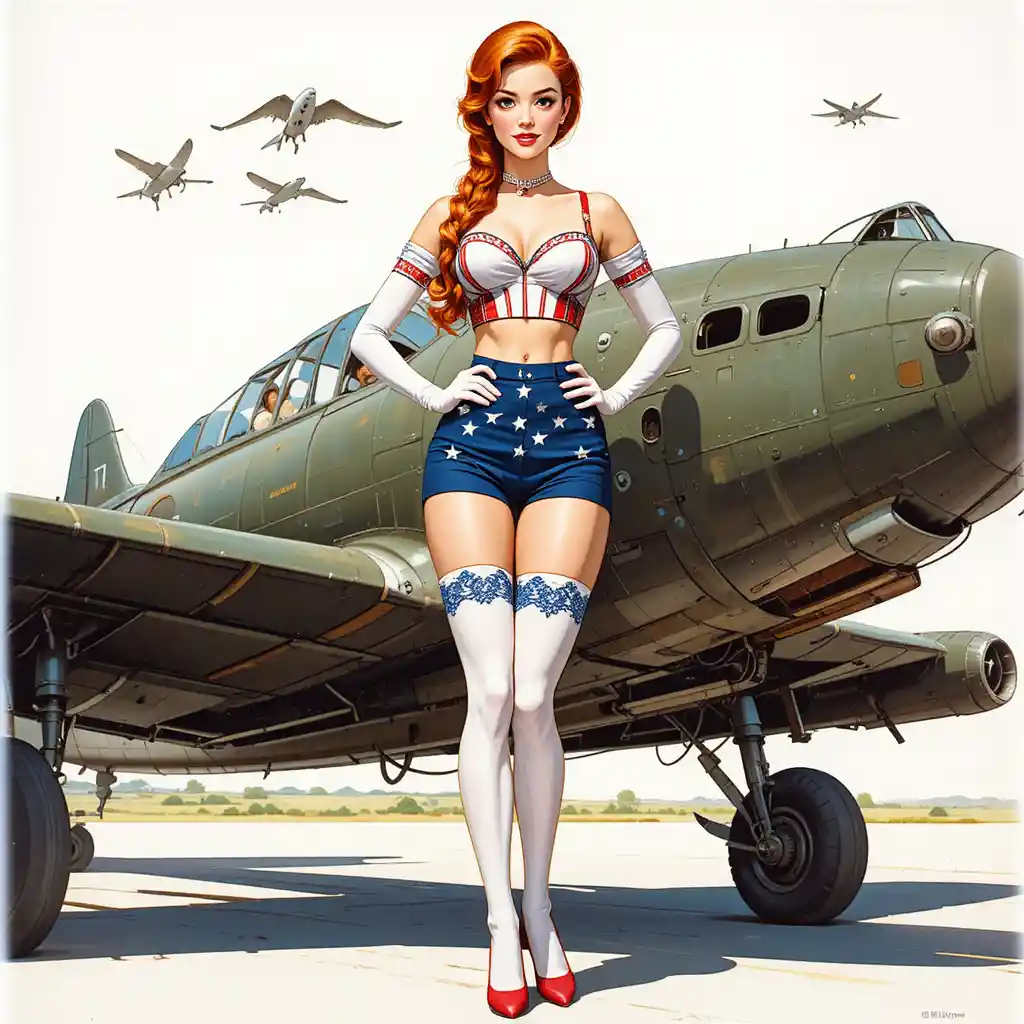 Playful pin up redhead posing beside vintage warplane