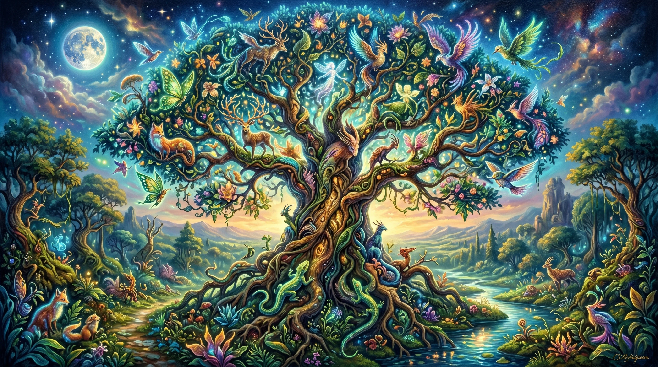Surreal Oil Painting Of A Majestic Otherworldly Tree